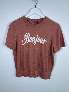 NWT Express Bonjour Graphic Sweater Tee Pink Knit Top Medium